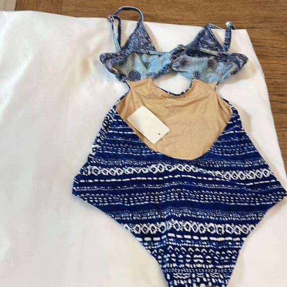 SOME DAYS ONE PIECE SHADES OF BLUE AND WHITE ONE PIECE BATHING SUIT. - Picture 3 of 7